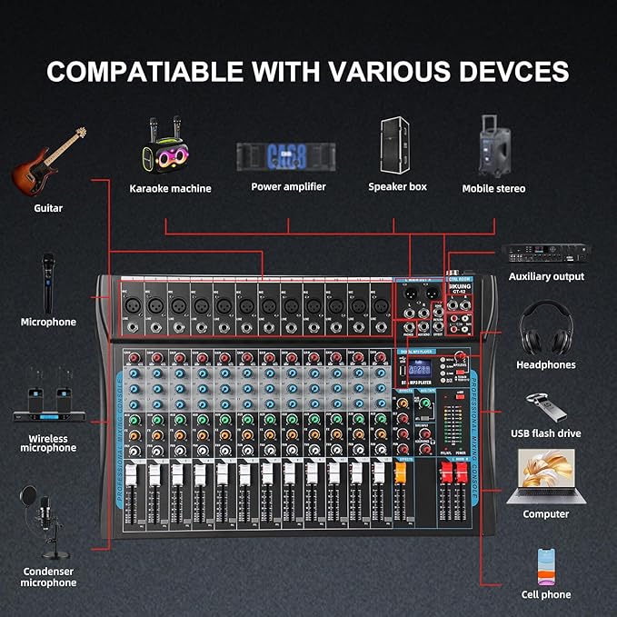12 Channel Audio Interfacer Sound Board Mixer DJ Mixer 16-Bit DSP Effect USB - Image 2