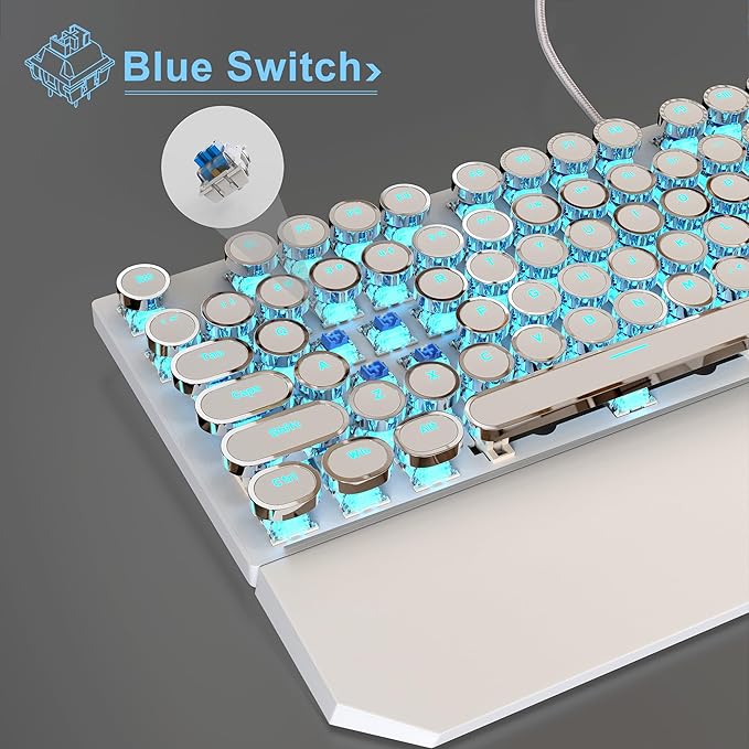 MageGee Typewriter Mechanical Gaming Keyboard, Retro Punk White Round Keycaps - Image 4
