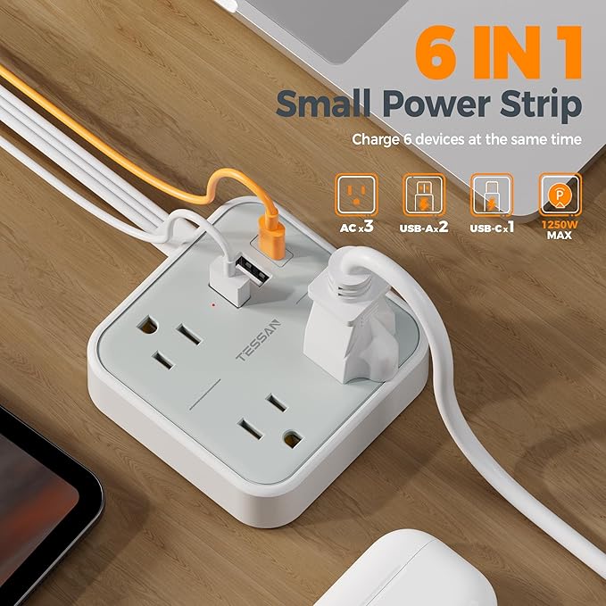 Short Extension Cord with Multiple Outlets 3 FT, TESSAN Small Flat Plug Power - Image 2