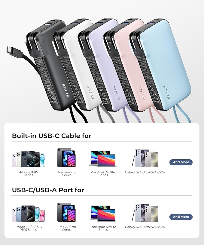 Portable Charger with Built-in USB-C Cable & Plug, 000mAh 5V/4.5A Power Bank - Image 6