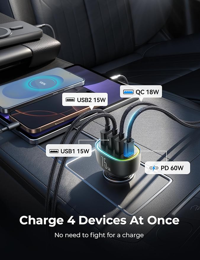 75W Car Charger USB C Cigarette Lighter Adapter 4-Port Fast Car Charger - Image 5
