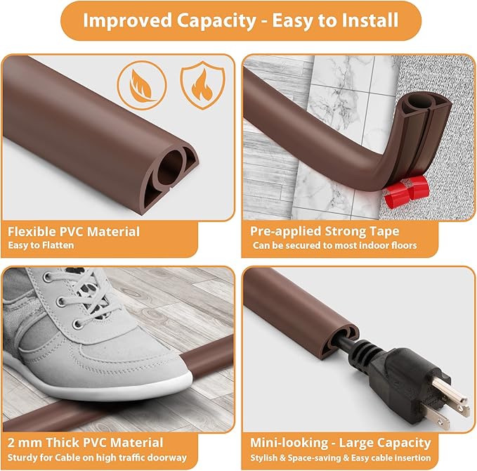 12ft Cord Cover Floor for Extension Cords, Self-Adhesive Floor Cable Cover to - Image 4