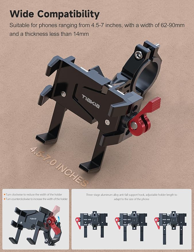 Tiakia Aluminum Bike Phone Mount Holder, Motorcycle Phone Mount, Handlebar - Image 4