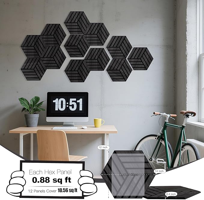 Mollywell Hexagon Acoustic Panels, 12 Pack |Wood Veneer|High Density Sound - Image 2
