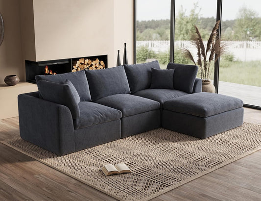 110 Inch Cloud Sectional Couches for Living Room, Convertible L Shaped Couch with Ottoman, 3 Seater Modular Sectional Sofa, Grey