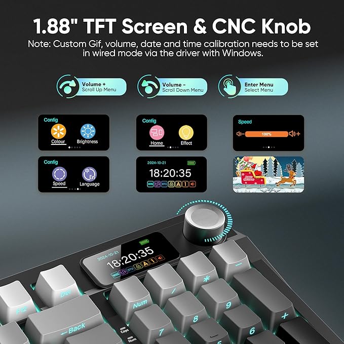 RedThunder K95 Wireless Mechanical Keyboard, TFT Screen & Knob, Trip-Modes - Image 3