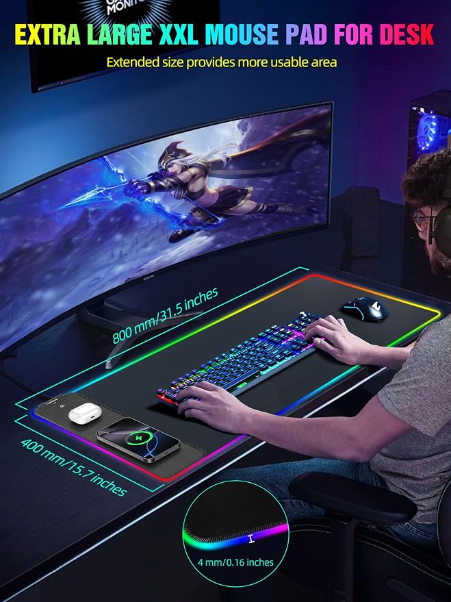 TopMade Wireless Charging RGB Mouse Pad, Waterproof Gaming Desk Mat - Image 6