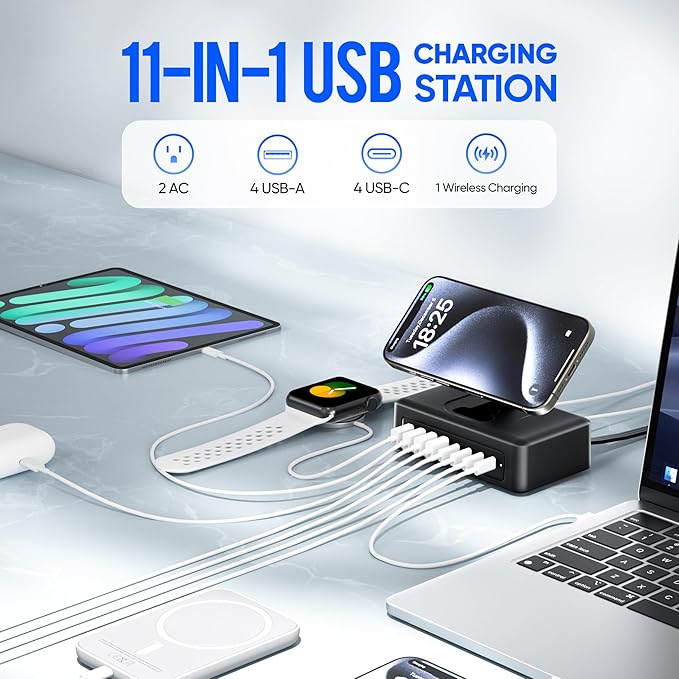 160W USB Charging Station Power Strip, 11-in-1 USB C Charger Block, 2AC Outlets - Image 2