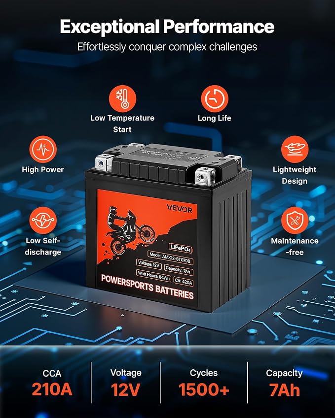 VEVOR Motorcycle Battery, 12 Volt 7Ah, LiFePO4 Lithium Pre-Charged Powersports - Image 3
