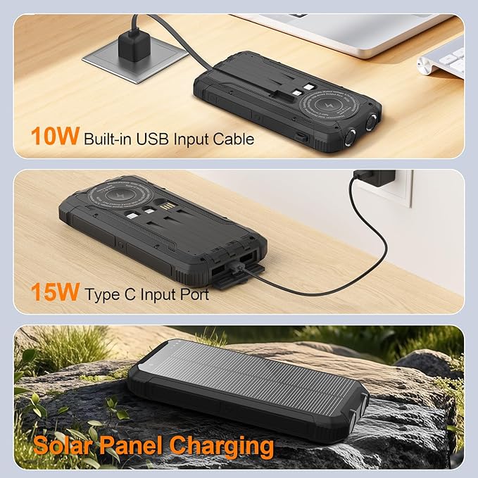 Solar Power Bank 20000mAh Wireless Portable Charger Built-in 3 Cables 15W USB-C - Image 7