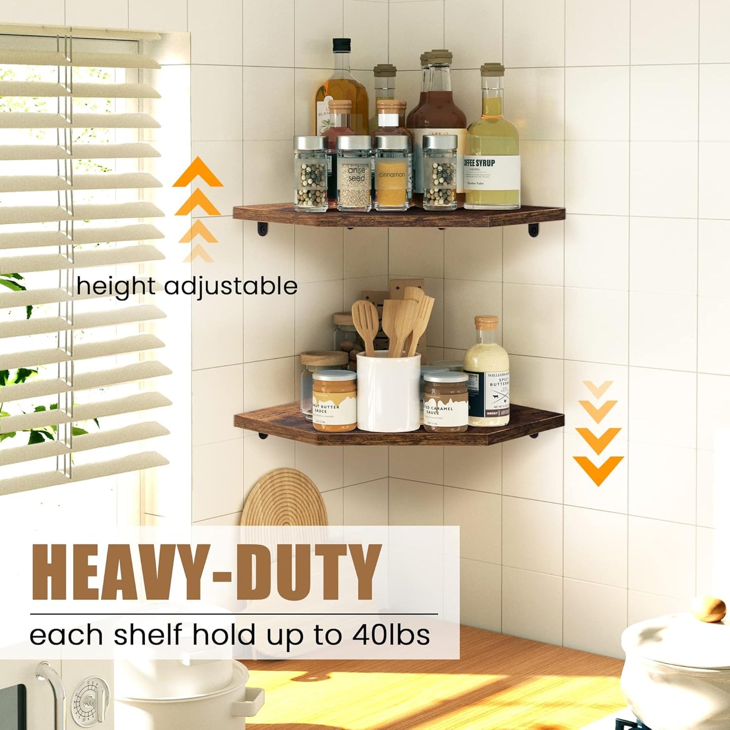 Corner Shelf Wall Mount, Floating Corner Shelves, Set of 2 Corner Wall Shelf Organizer, Rustic Wood Wall Storage Display Shelves for Living Room Bedroom Bathroom Kitchen, Rustic Brown