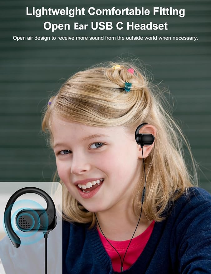 USB Type C Headphone Open Ear Adjustable Over Ear Hook Headset School Kid - Image 3