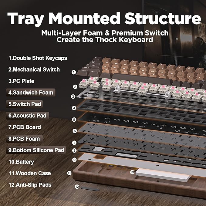YUNZII WOOD68 Wireless Mechanical Keyboard, 65% Layout Wood Gaming Keyboard - Image 4
