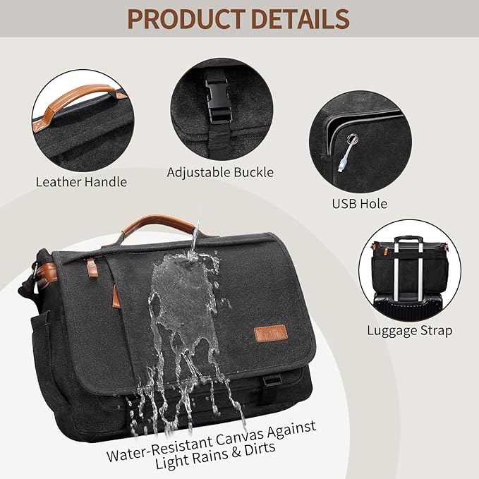 ESTARER Men's Messenger Bag 17.3 Inch Upgraded, Water-resistant Canvas Laptop - Image 5