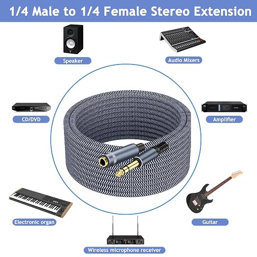 1/4" Male to Female Stereo Headphone Guitar Cable - 20ft Quarter Inch Extension - Image 6