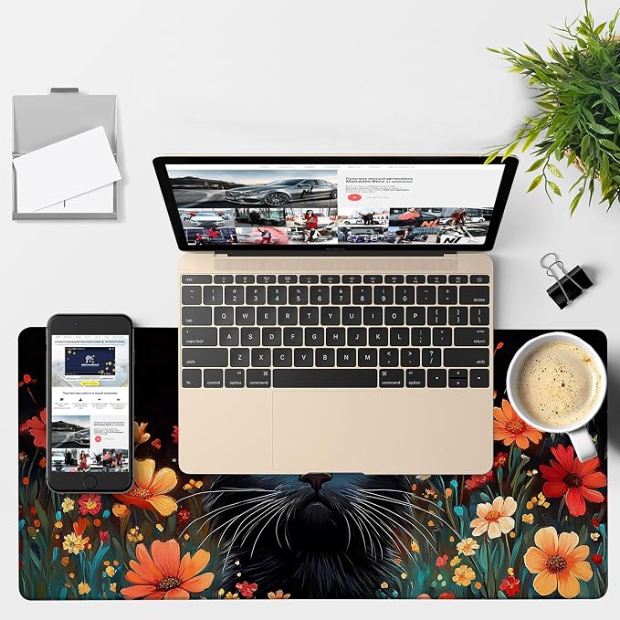 Black Cat and Flowers Gaming Mouse Pad 3mm Thick Stitched Edge Waterproof - Image 4