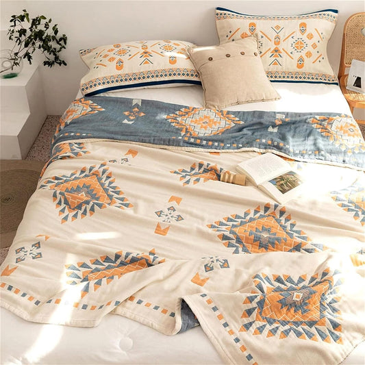 100% Cotton Throw Blankets for Couch Bed Chair Sofa,Cotton Quilt Throw Woven Boho Bed Blankets,Versatile Knit Woven Super Soft Decorative Blanket for Women,80''Wx 90''L