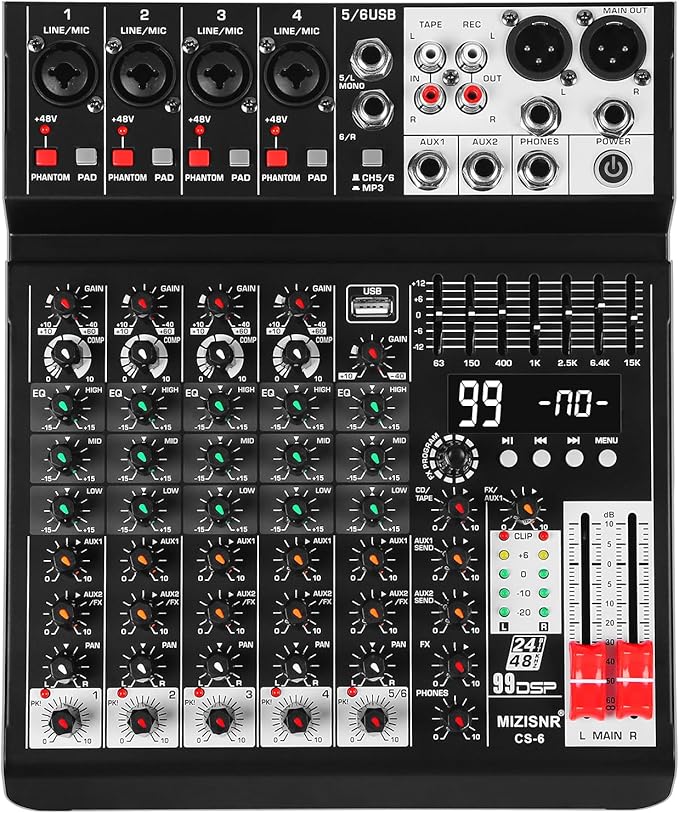 Audio Mixer 6 Channel Sound Mixer Console, Professional Music Mixing Board DJ by MIZISNR