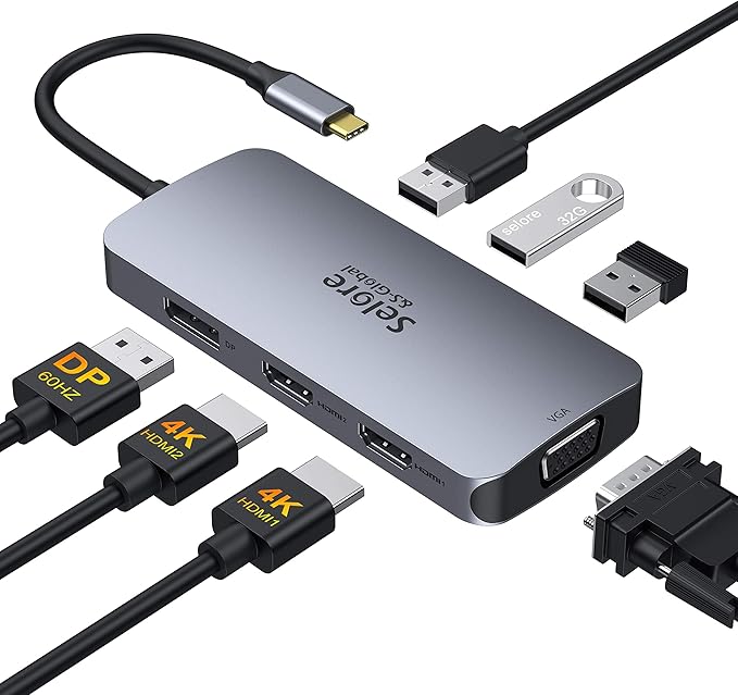 USB C to Dual HDMI Adapter, 7 in 1 USB C Docking Station to Dual HDMI by SeloreS-Global