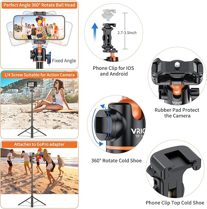 VRIG TP16 Camera Tripod, 55 inch Extendable Phone Selfie Stick Camera Tripod - Image 4