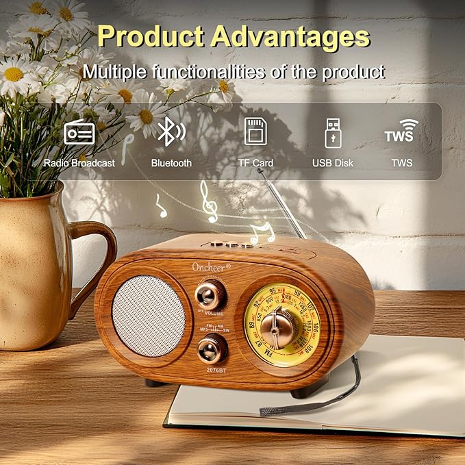Oncheer Portable Retro Vintage Bluetooth Speaker Radio, FM/AM/SW 3 Band - Image 3