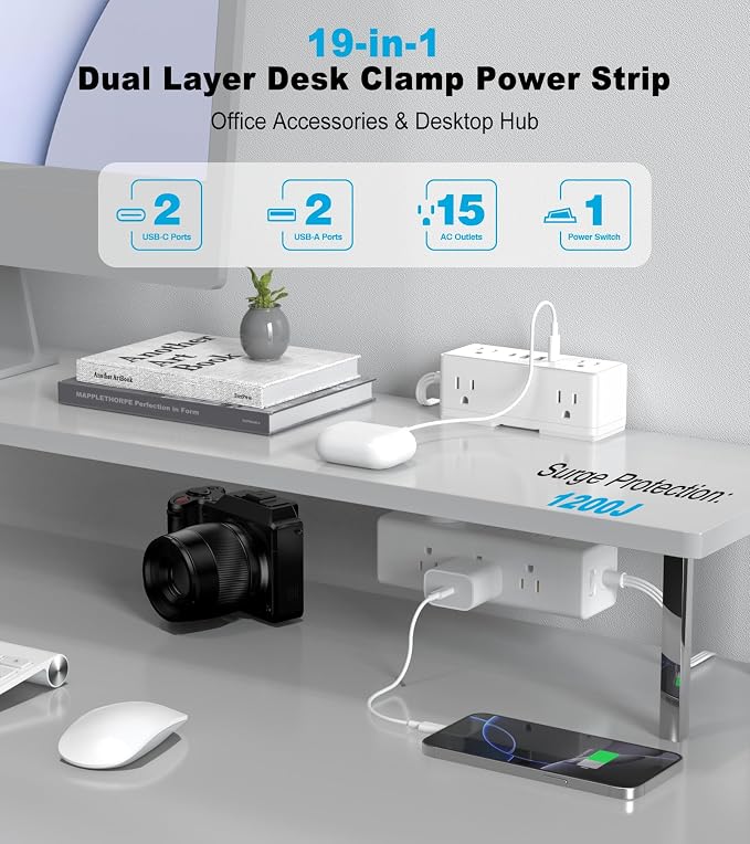 Dual Layer Desk Clamp Power Strip, 19 in 1 Desktop Edge Mount Surge Protector - Image 2