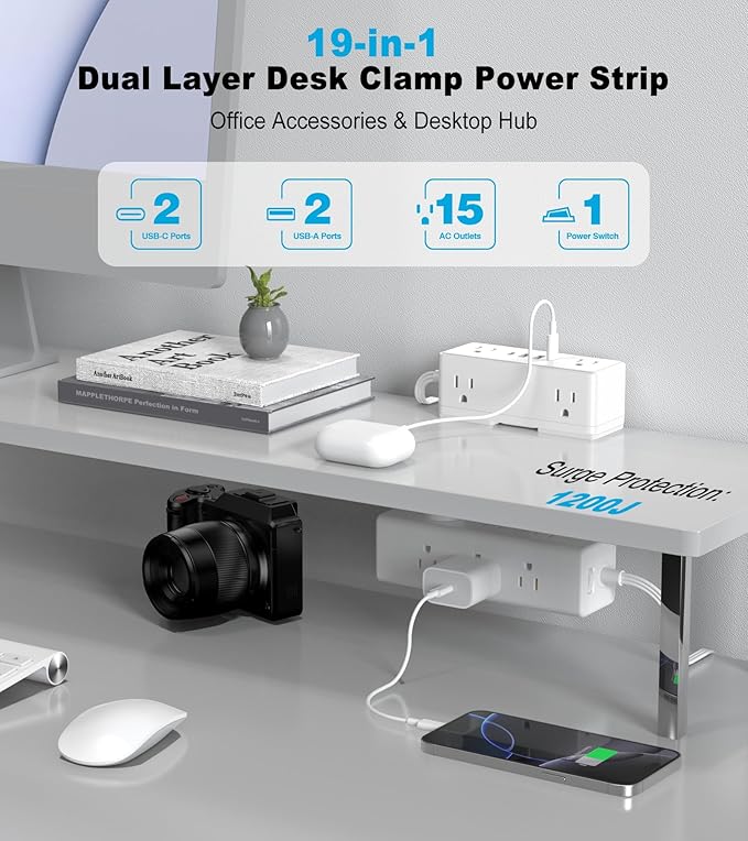 Dual Layer Desk Clamp Power Strip, 19 in 1 Desktop Edge Mount Surge Protector - Image 2