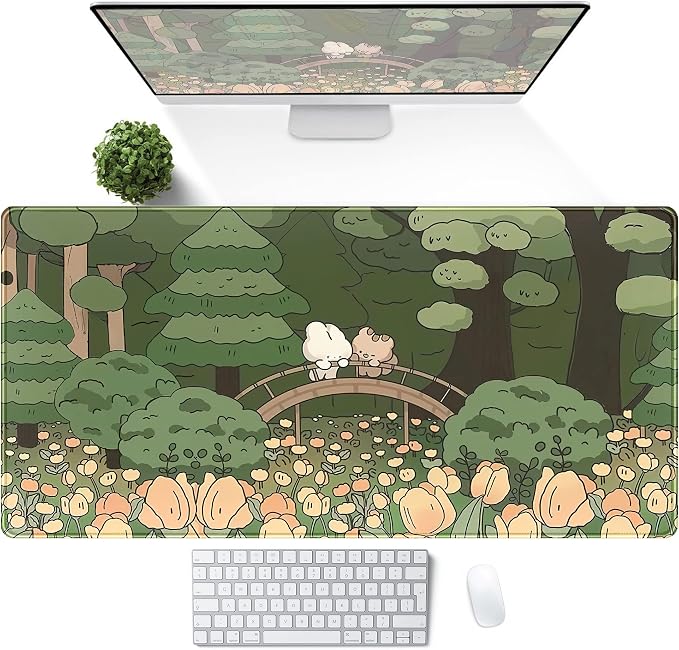 Anime Forest Desk Mat, Cute Green Mouse Pad, Kawaii Aesthetic Full Desktop Pad - Image 2