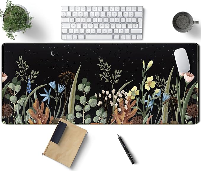 Cute Gaming Black Wild Flowers Desk Mat Mouse Pad Star Moon Floral Mousepad by TENG+DA+QING