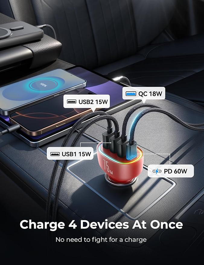 FLYLEAD USB C Car Charger Cigarette Lighter Adapter 75W 4-Port Fast Car Charger - Image 5
