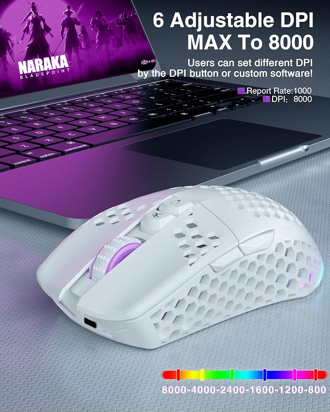 SM600 White Wireless Gaming Mouse, 8000 DPI Tri-Modes BT5.1/Type-C Wired/2.4G - Image 5