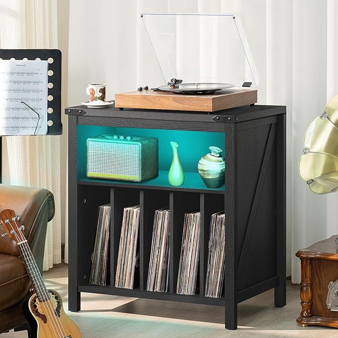 Large Record Player Stand with Charging Station & LED Lights, Vinyl Records - Image 5
