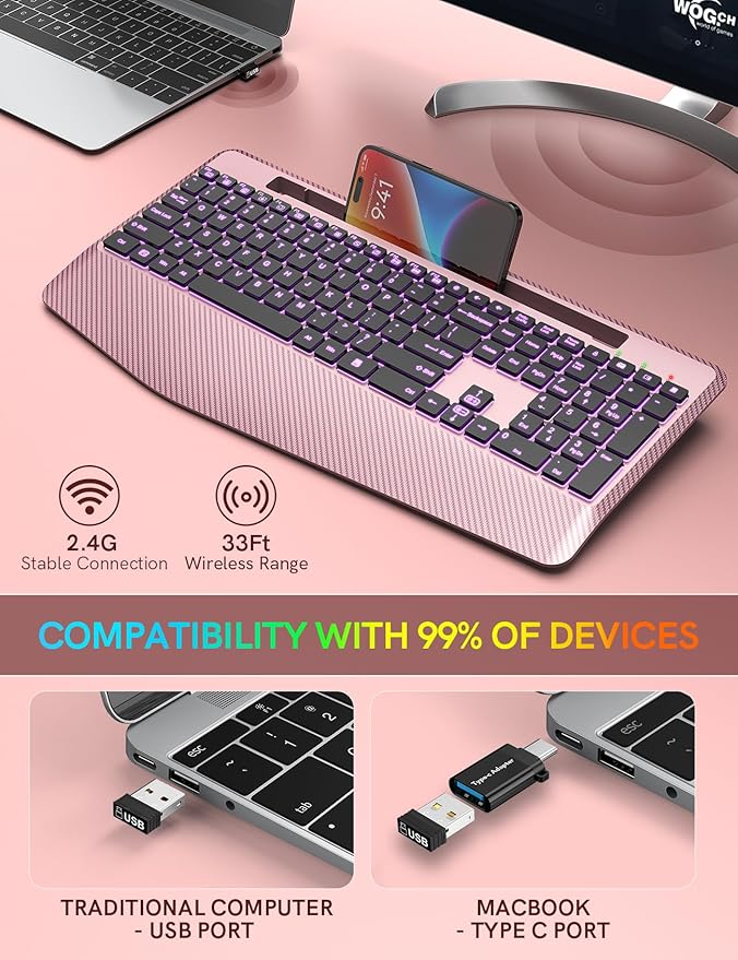 Wireless Keyboard with 7 Colored Backlits Wrist Rest, Phone Holder, - Image 5