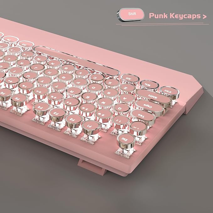 MageGee Typewriter Mechanical Gaming Keyboard, Retro Punk Pink Round Keycaps - Image 3