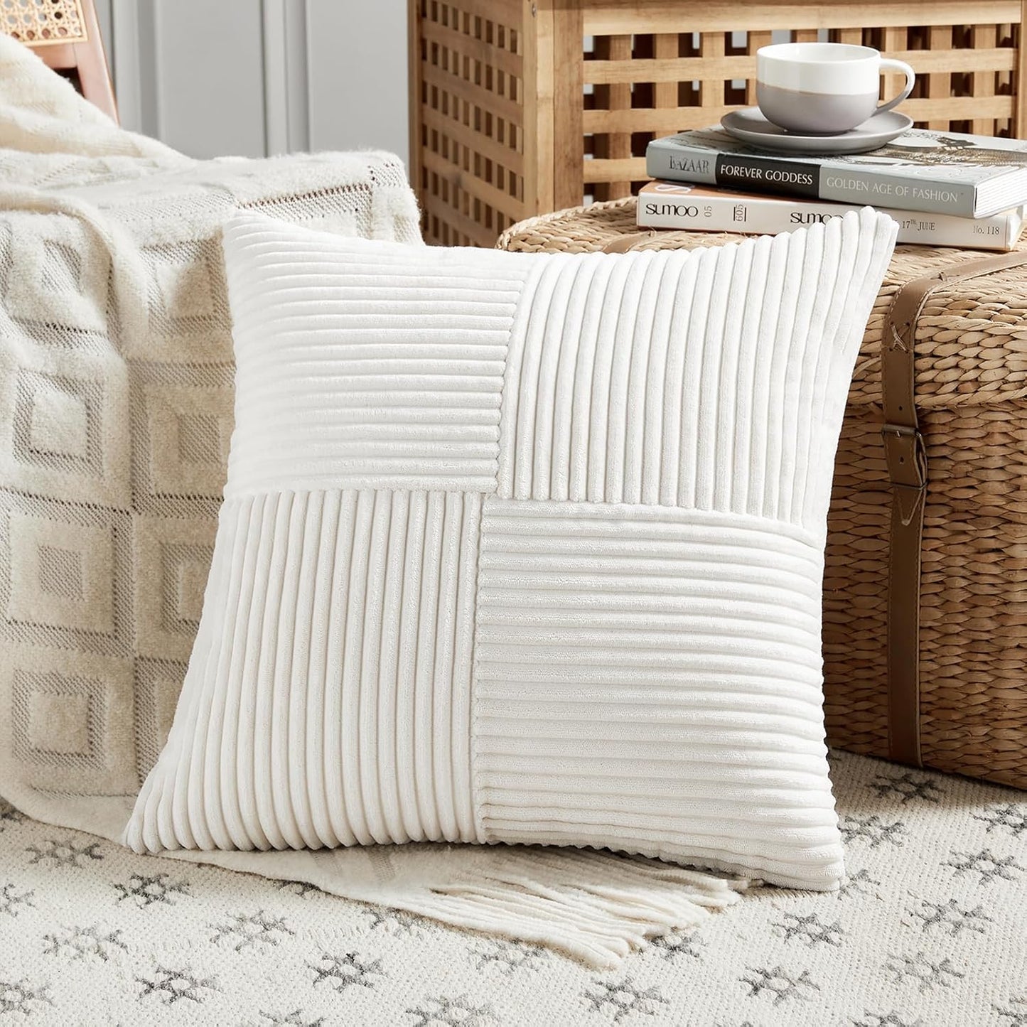 Fancy Homi 2 Packs Cream White Euro Decorative Throw Pillow Covers 28x28 Inch for Couch Bed Sofa, Farmhouse Boho Home Decor, Soft Corss Corduroy Patchwork Textured Square Cushion Case 71x71 cm