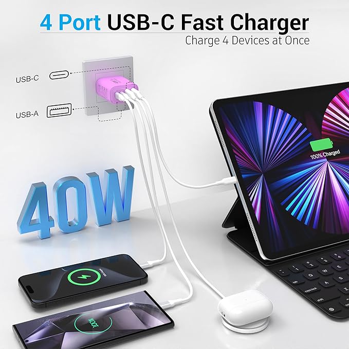 USB C Block 40W, 4 Ports Wall Plug Fast Charging Block, PD+QC Multiport Power - Image 5