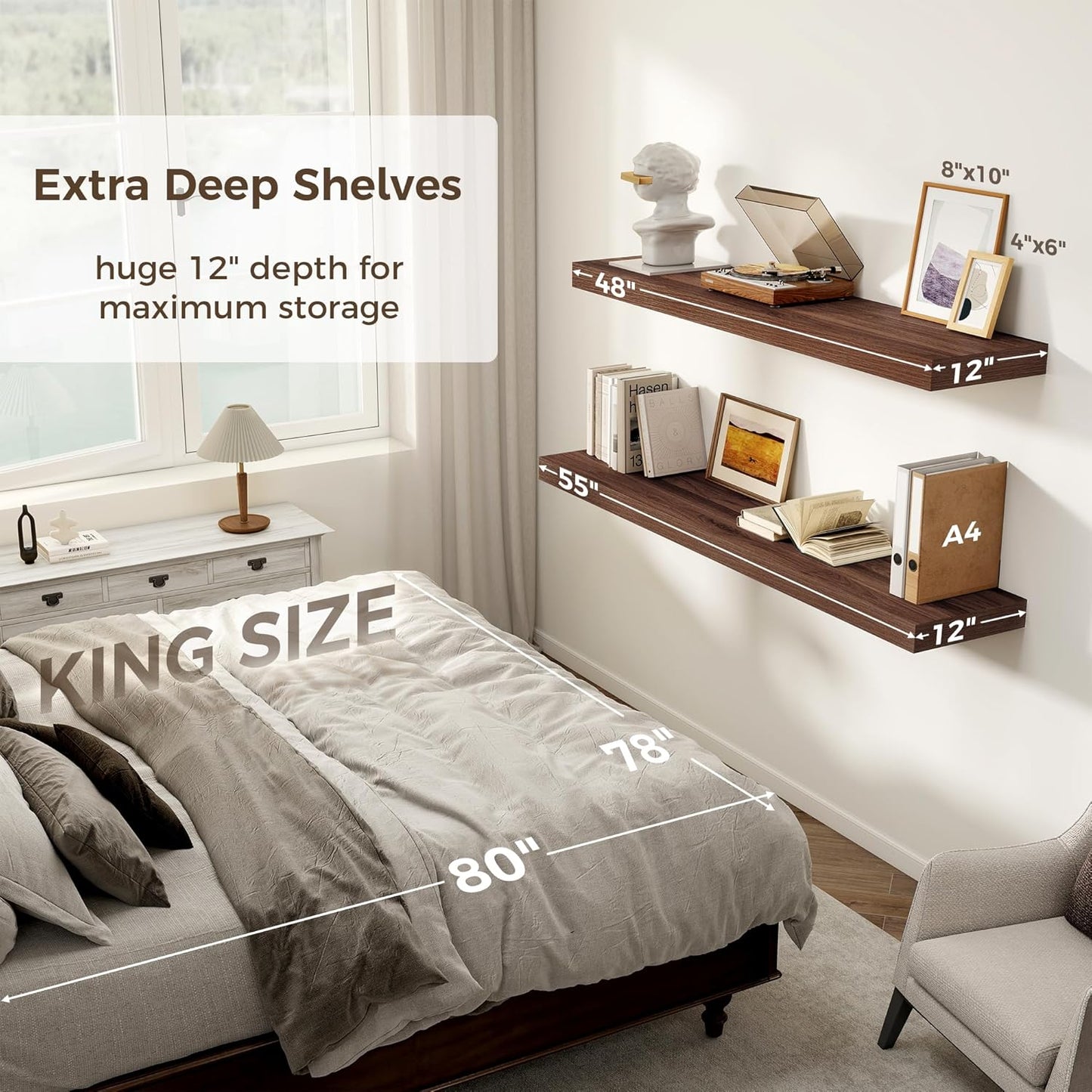 Floating Shelves 48 Inch Long, 12 Inch Deep Floating Shelves for Wall, 48 x 12 Large Wall Shelves for Home Storage & Display, 2" Thicked Floating Shelf for Bedroom, Living Room, Walnut Color, 1 Pack