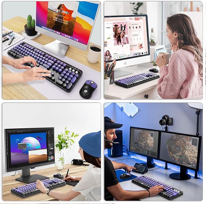 Wireless Keyboard and Mouse Combo, 104 Round Keys Cute Colorful Keyboard and - Image 7