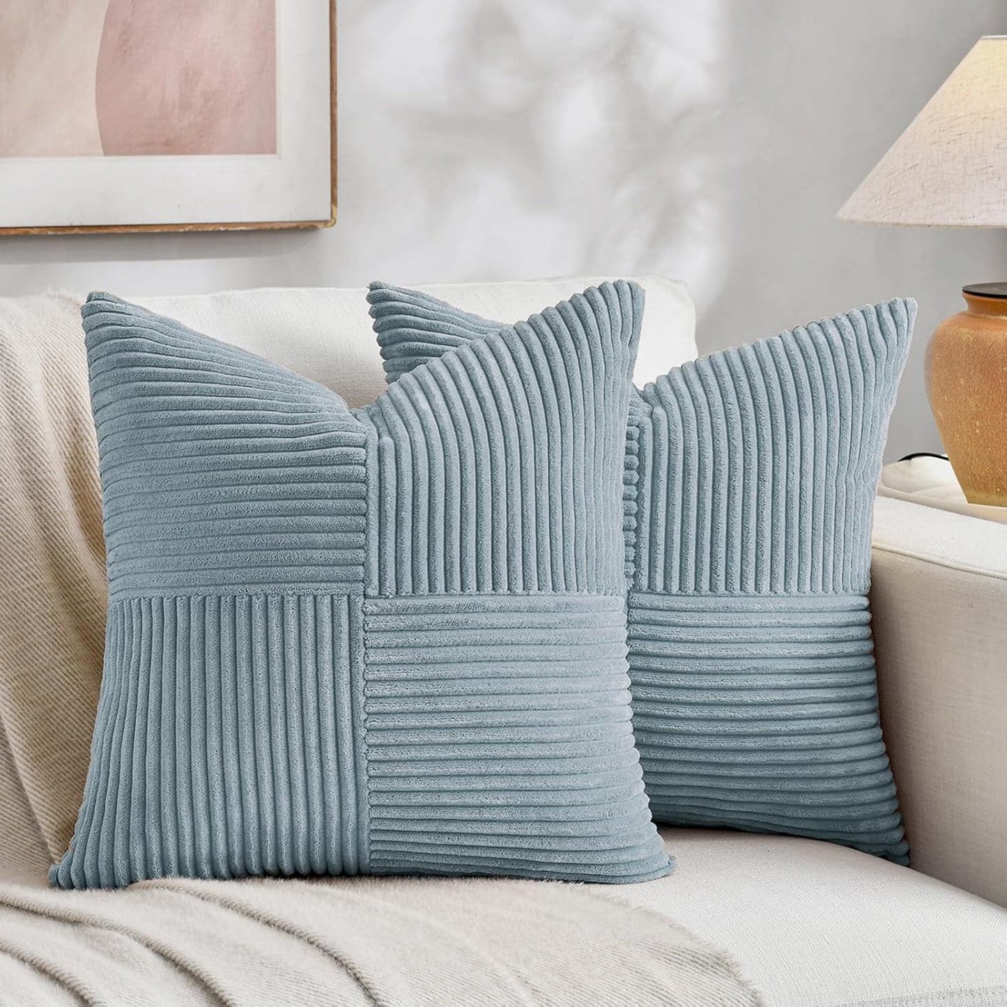 Fancy Homi Set of 2 Light Blue Decorative Throw Pillow Covers 16x16 Inch for Living Room Couch Bed, Rustic Farmhouse Boho Home Decor, Soft Striped Corduroy Textured Square Cushion Case 40x40 cm