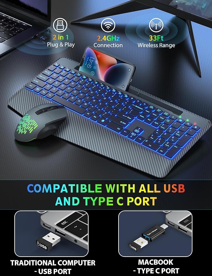 Wireless Keyboard and Mouse Backlits, Wrist Rest, Jiggler Mouse, Rechargeable - Image 5