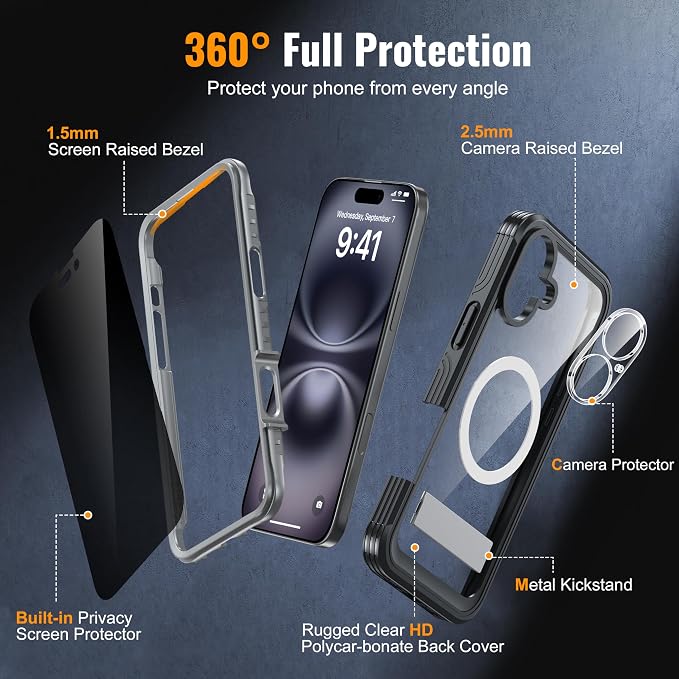 360° Protection Magnetic for iPhone 16 Case Built-in 9H Privacy Screen - Image 6