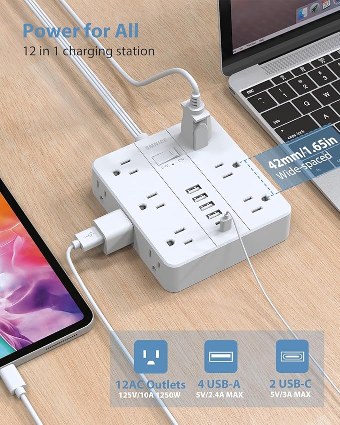 Power Strip Surge Protector 20ft Extension Cord, SMNICE Flat Plug - Image 3