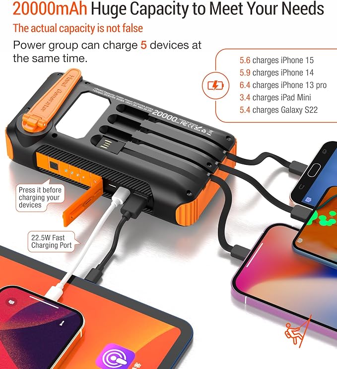 Solar Power Bank 20000mAh Built in Hand Crank and 4 Cables 22.5W Fast Charge - Image 2