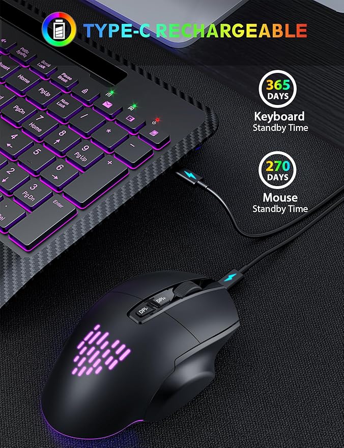 Wireless Keyboard and Mouse Backlits, Wrist Rest, LED Mouse, Rechargeable - Image 4