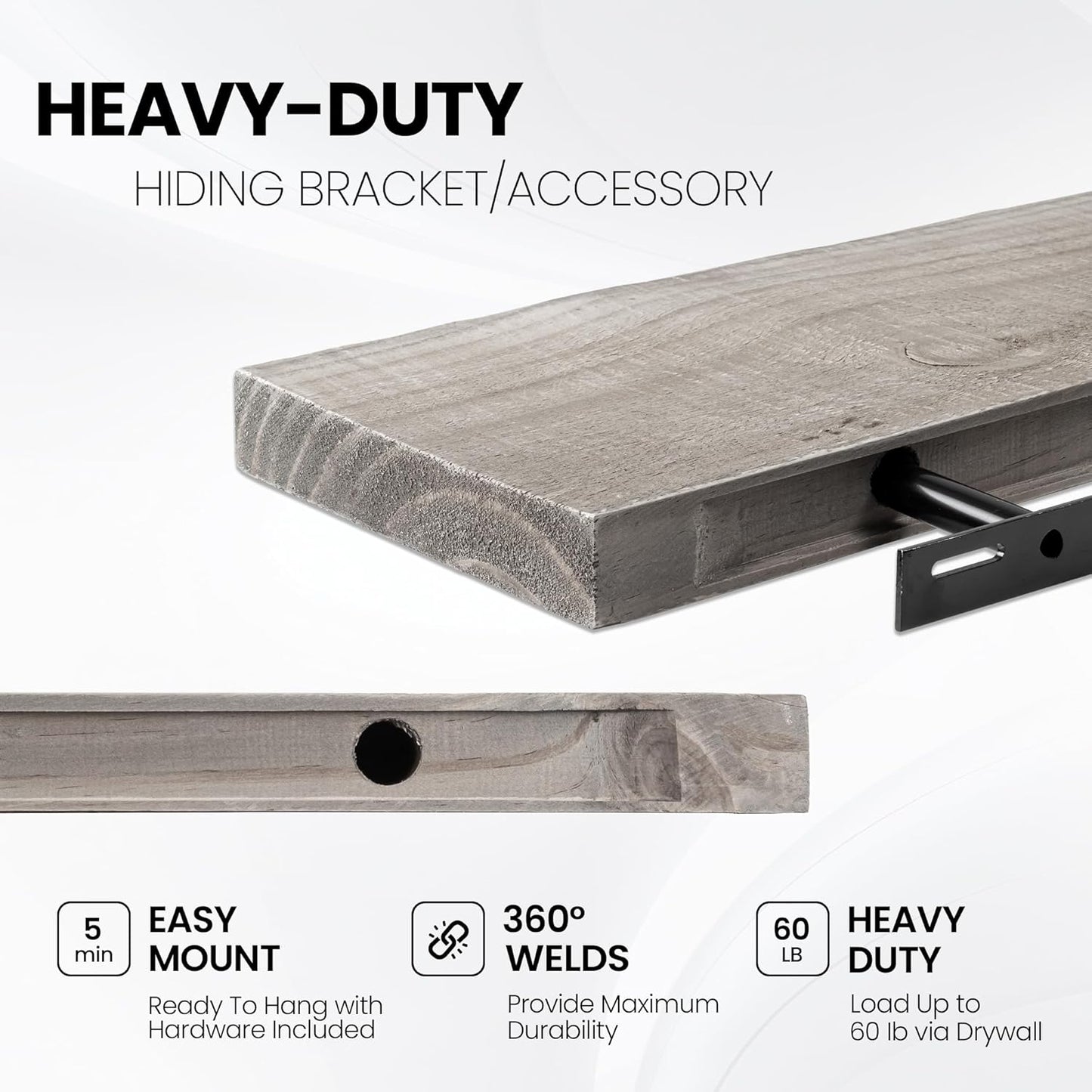 Fun Memories Floating Shelves for Wall Dec, 48"x8" Rustic Reclaimed Wood Shelves, Heavy-Duty Wall Mounted Shelves with Invisible Brackets for Living Room, Bedroom, Kitchen, Grey Finish, Set of 2