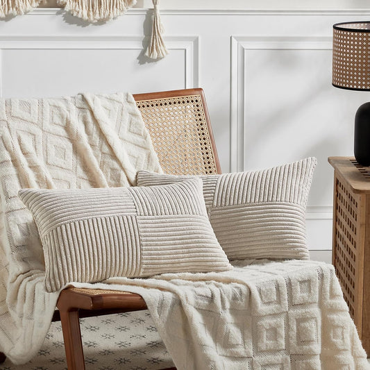 Fancy Homi 2 Packs Neutral Taupe Lumbar Decorative Throw Pillow Covers 14x24 Inch for Living Room Couch Bed Sofa, Farmhouse Home Decor, Soft Striped Corduroy Rectangle Accent Cushion Case 35x60 cm