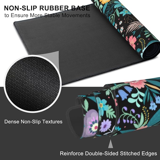 Mouse Pad, Large Colorful Flowers and Plants Desk Mat, Extended Non-Slip Gaming - Image 3