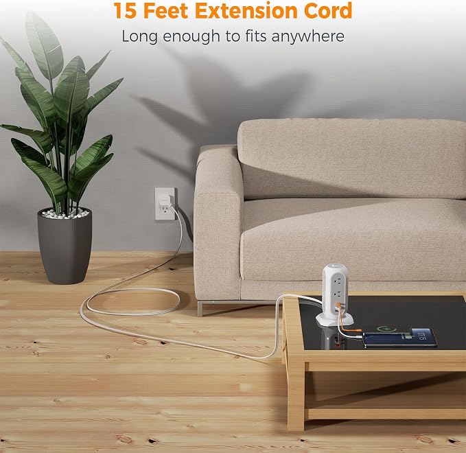 15 ft Extension Cord Tower Power Strip, 11 Outlets 3 USB Chargers, TESSAN Surge - Image 2