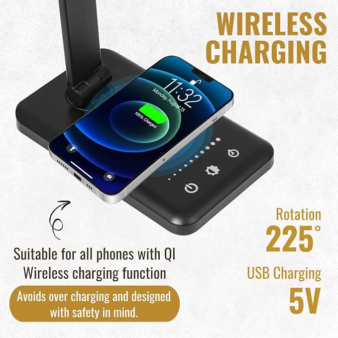 LED Desk Lamp with Wireless Charger – Touch Control Dorm Desk Lamp with USB - Image 3