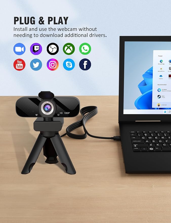 Full HD 1080P Webcam with Microphone, Wide Angle, Rotatable Tripod, Privacy - Image 4